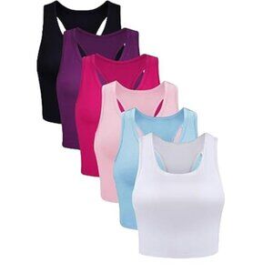 NEW- 6 Piece Basic Sleeveless Racerback Sports Crop Tank Tops- Women's XL